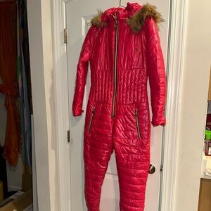 Red Quilted Jumpsuit with Fur Trim